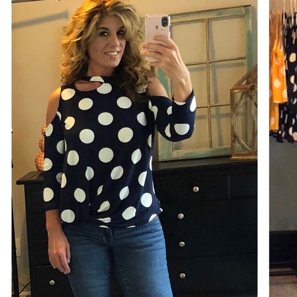 Navy cold shirt polka dot top with twist tie front - Picture 4 of 8